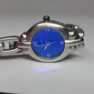 Vintage Fossil F² ES 9105 Blue Dial Silver Stainless Steel Watch